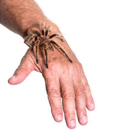 Tarantula on persons hand against white backgroundの写真素材