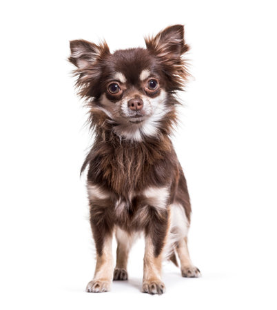 Chihuahua dog, 1 year old, standing against white backgroundの写真素材