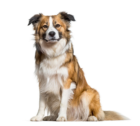 Border Collie dog sitting against white backgroundの写真素材