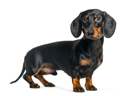 Dachshund, Sausage dog in front of white backgroundの写真素材