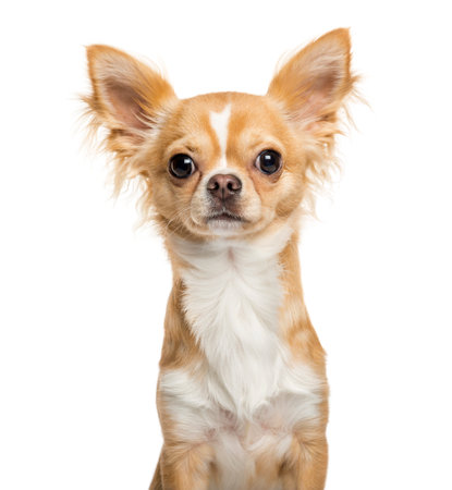 Chihuahua, 9 months old, in front of white backgroundの写真素材