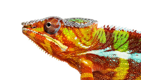 head of Panther chameleon, Furcifer pardalis looking at camera against white backgroundの写真素材