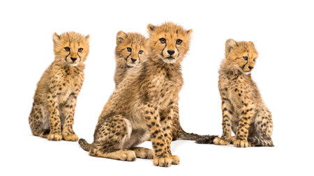 Group of a family of three months old cheetah cubs sitting togetherの写真素材