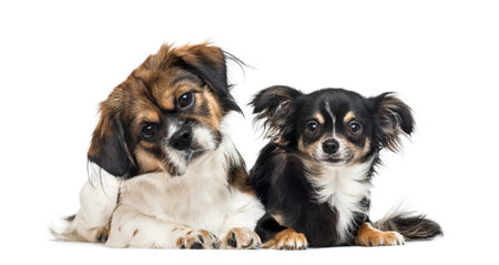 Crossbreed and chihuahua side by side, isolated on whiteの写真素材