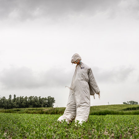 Scarecrow in a green field in a cloudy dayの写真素材