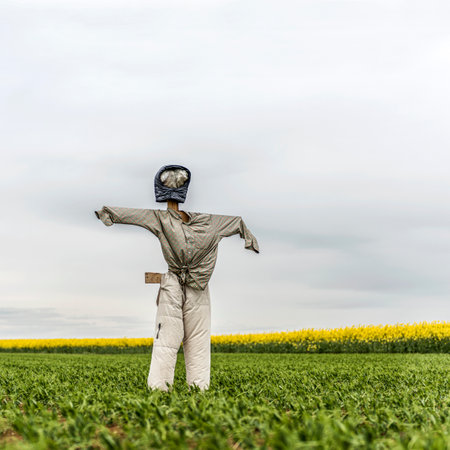 Scarecrow in a green field in a cloudy dayの写真素材