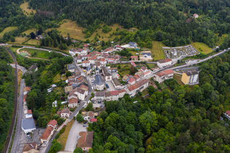 Saint-Germain-de-Joux, France, August 3, 2020 - Aerial view of the village of Saint-Germain-de-Joux