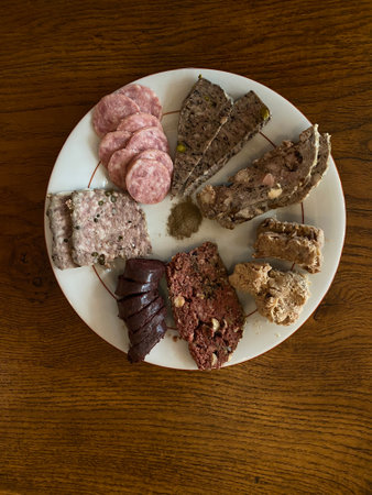 Top view on a french charcuterie assortment, sausage, rillettes, blood sausageの写真素材