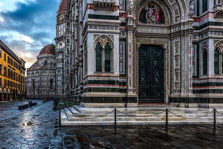 Duomo di Firenze Cathedral at dusk with the Baptistery of St.John in view, Florence, Italy, Europe, in front of white backgroundの写真素材