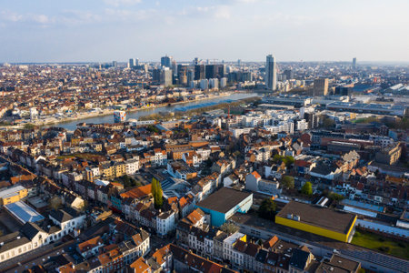 Brussels, Laeken, Belgium, April 8, 2020: Aerial view of Laeken street with tram railsのeditorial素材