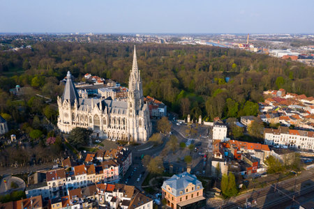 Brussels, Laeken, Belgium, April 8, 2020: aerial view of the Church of Our Lady of Laeken -...