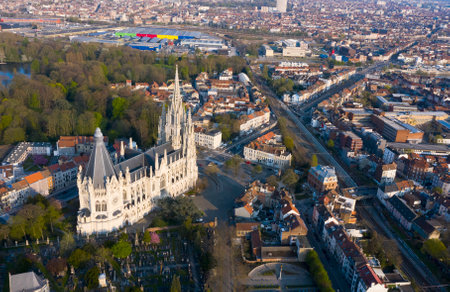 Brussels, Laeken, Belgium, April 8, 2020: aerial view of the Church of Our Lady of Laeken - Ãglise Notre-Dame de Laekenのeditorial素材