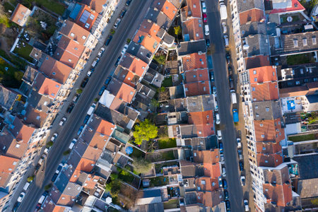 Brussels, Laeken, Belgium, April 8, 2020: Aerial view of Laeken street with tram railsのeditorial素材