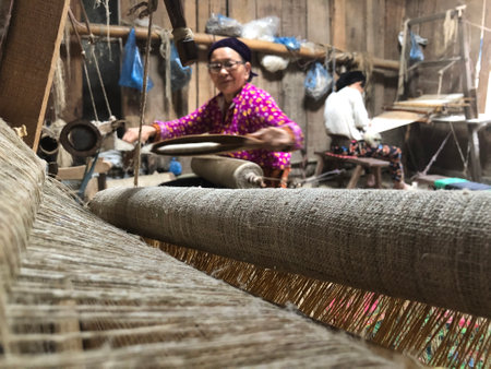 Lung Tam, Vietnam - January 9, 2020 - Woman weaving in a traditional way, focus on the lin and the loomのeditorial素材