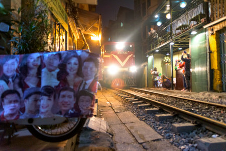 Hanoi, Vietnam - December 30, 2019 - Train street in Hanoi at night.のeditorial素材