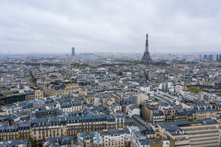 View on Eiffel tower over the roofs of Paris on a grey cloudy dayのeditorial素材