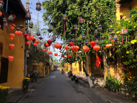 Hoi An, Quang Nam Province, Vietnam, January 25, 2020 - Hoi An street full of paper lanterns, Ancient Town, in vietnamのeditorial素材