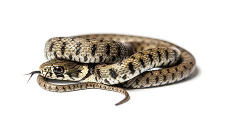 Side view of a Grass snake sniffing with its tongue , Natrix natrix, Isolated on white