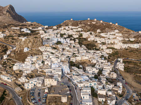 Aerial view of Greek Chora village on Amorgos island, Aegean Sea, Cycladesの写真素材