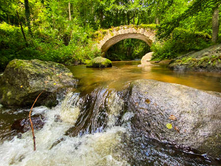 Old bridge of the Ribeyrolles in Gorges of the monne river in the green forest, Puy-de-DÃ´me,...