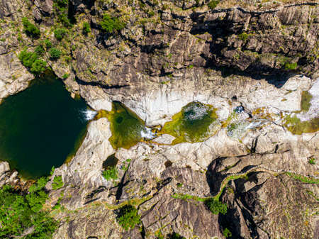 Aerial view of wild natural pools, Chassezac river, in lozere, France