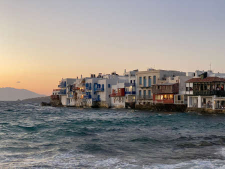 View front houses of little Venice on Mykonos island, Greeceの写真素材