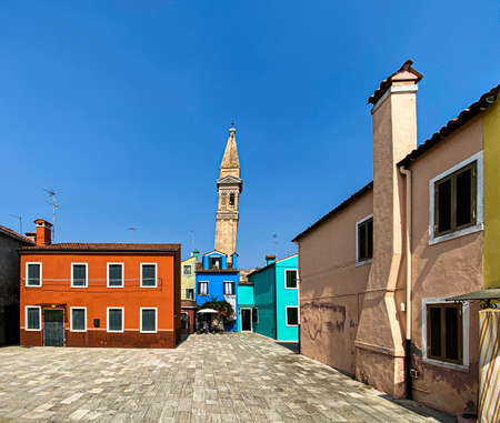 Leaning bell tower of Burano island, Venice, Italyの写真素材