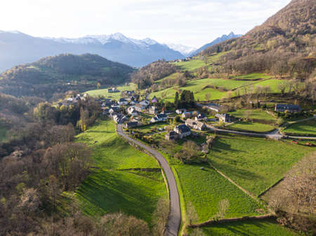Aerial view of small village SÃ©re-en-Lavedan in the pyrenees mountains, Hautes-Pyrenees, occitanieの写真素材