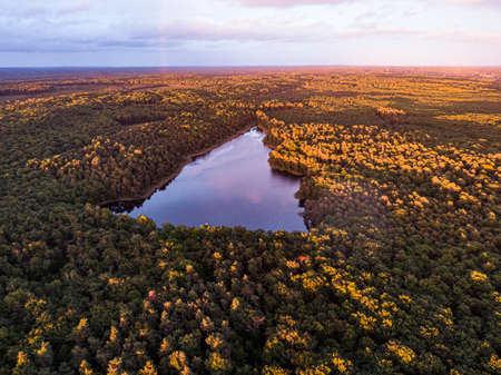Sunset light over pond of Montperche, etang de Montperche, at Neuvy in Sologne, Loir-et-Cher,...