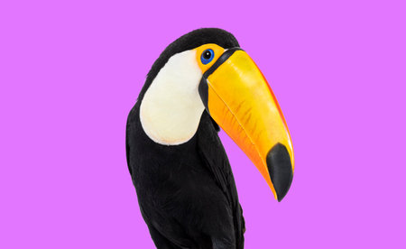Head shot of a Toucan toco on a pink background