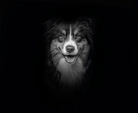 Black and white Head shot of a Red tri-color Australian Shepherd panting on black backgroundの写真素材