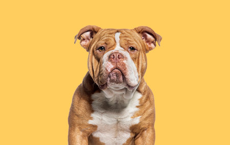 head shot of a American Bully dog facing at the camera against yellow backgroundの写真素材
