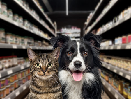Cat and dog looking at the camera, in front of food shelves in a pet store. The background is blurred and dark.