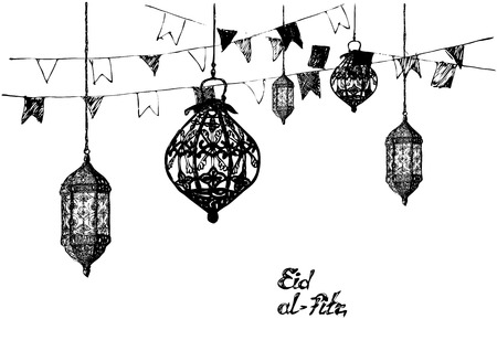Ramadan Kareem Iftar party celebration, Eid Al Fitr Mubarak, Hand Drawn Sketch illustrationのイラスト素材