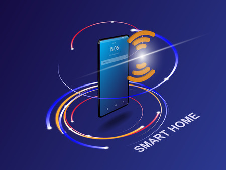 Smartphone with digital icons. Smart phone controls devices of smart home via wireless connection and voice commands. Internet of things conceptのイラスト素材