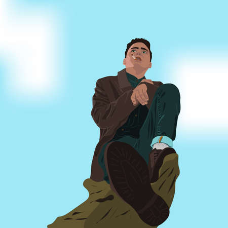 A young guy lights a cigarette. Flat cartoon vector illustrationのイラスト素材
