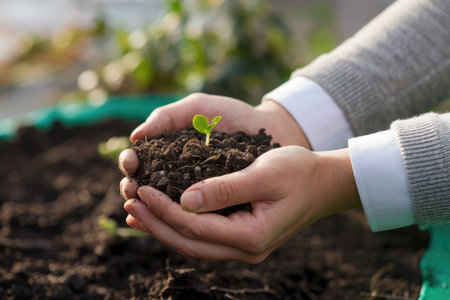 Close-up of hands holding soil with a small green sprout, environmental care concept, soft natural light, blurred greenery in the backgroundの写真素材