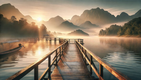 A serene morning landscape with a wooden pier extending over a calm lake, mountains in the background, soft sunlight, mist rising from the waterの写真素材