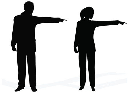 Side view of bsuiness people pointing out at copyspace, over white backgroundのイラスト素材