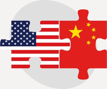 illustration of USA and China Flags in puzzle isolated on white backgroundのイラスト素材