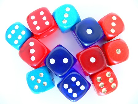 Close up image of a group of red and blue dicesの写真素材