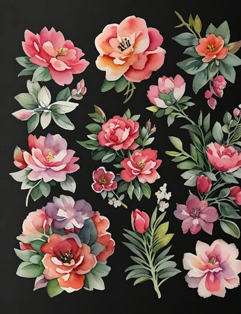 Hand drawn watercolor illustration of peony flowers on black background.generative ai, illusstrationの素材