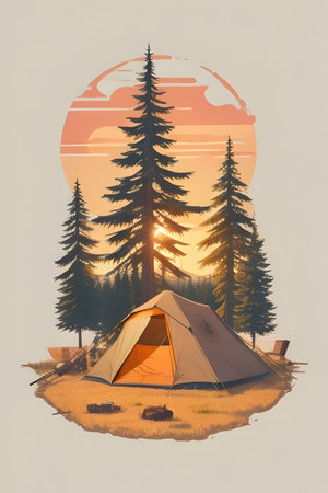 Tent in the forest at sunset. Conceptual illustration of travel and camping.の素材