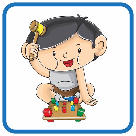 little boy playing hammer and polesのイラスト素材