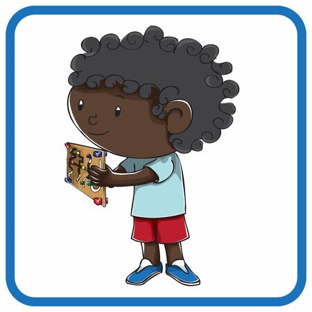 little boy playing puzzle aloneのイラスト素材