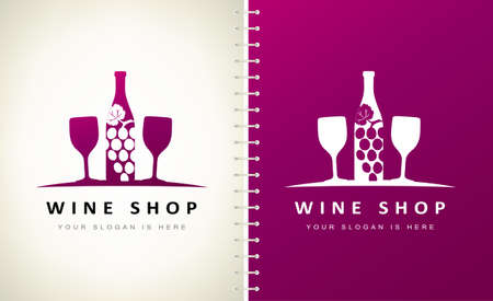 Bottle of wine and two wine glasses logo vector. Grapes design.のイラスト素材