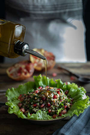 Healthy buckwheat salad with pomegranate for lunchの写真素材