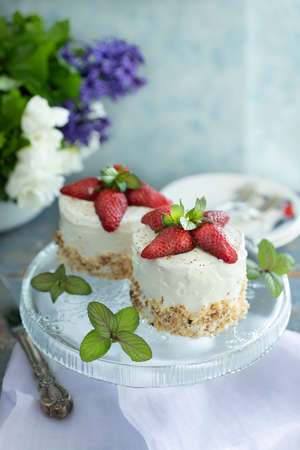 Healthy pineapple cake with cream cheese and strawberriesの写真素材