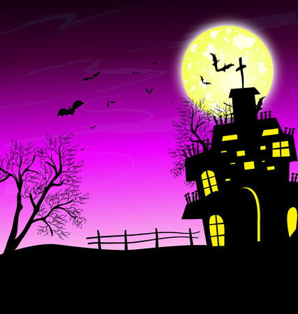 Halloween night background with creepy castle and pumpkinsのイラスト素材