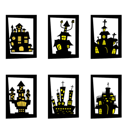 Halloween night background with creepy castle and pumpkinsのイラスト素材